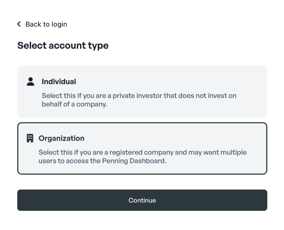 Image of the platform that explains: Select account type